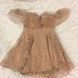 blush off the shoulder lace dress
